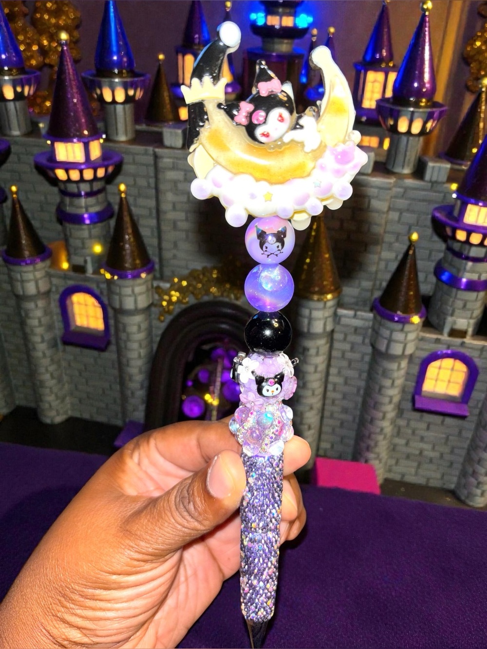 Handcrafted  Moon Cat Beaded Rhinestone Decorative Pen in Purple
